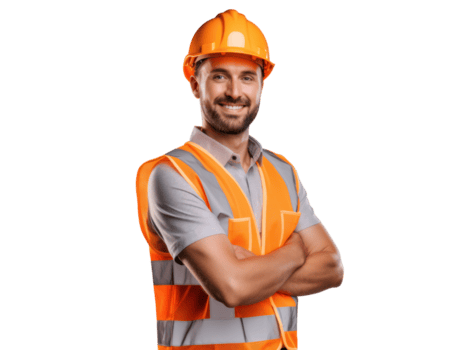 ai generated young engineer man in helmet and orange vest smiling isolated on transparent background free png